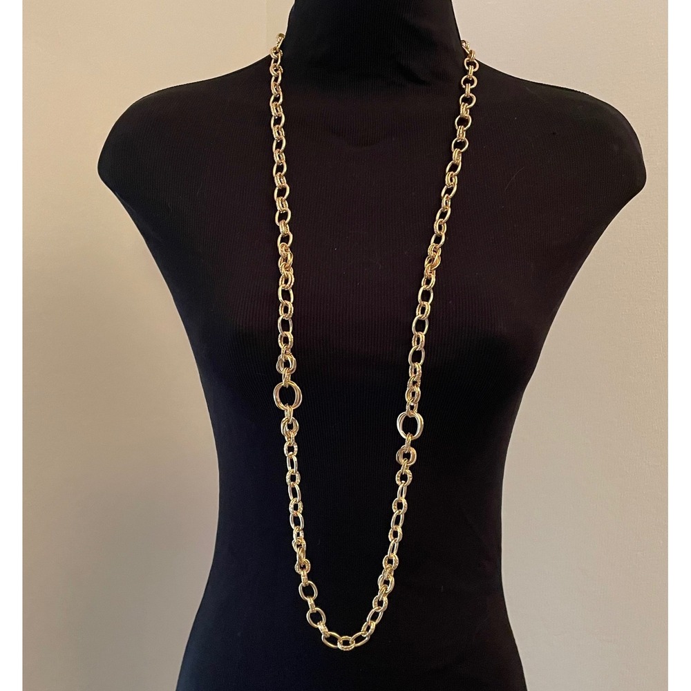 Gold Tone Textured Double Link Chain Long Opera Necklace 39 Inch Clasp